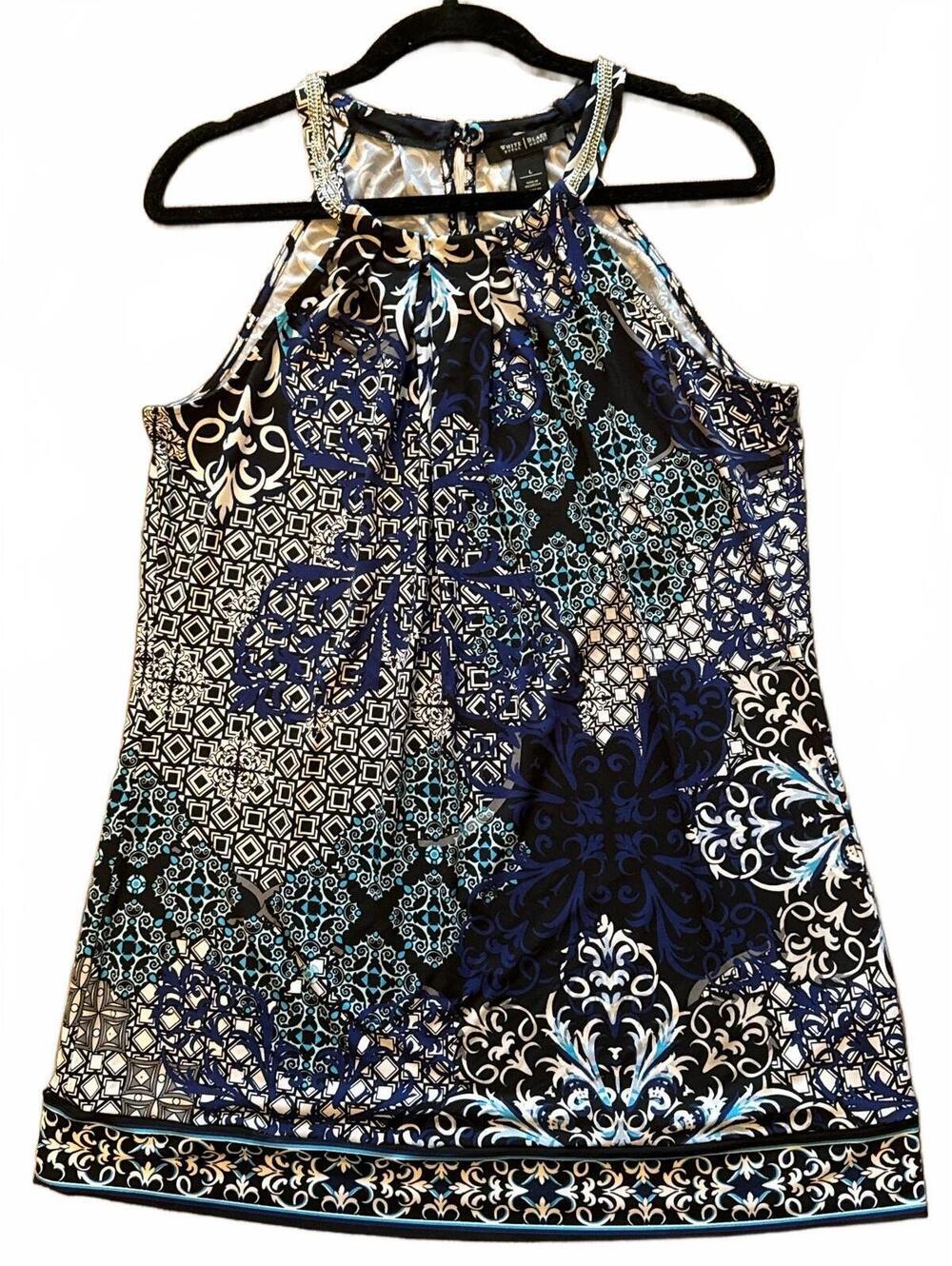 White House Black Market Women's Printed Sleeveless Tunic with Chain Detail, L